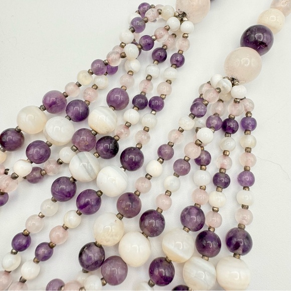 Vintage Gemstone Beaded Multistrand Choker Necklace Agate Amethyst Quartz 16” - Picture 4 of 16